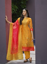 Chanderi Jacquard Digital Print Salwar Suit in Mustard